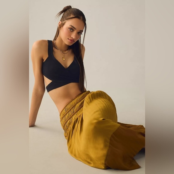 Anthropologie Tiered A-Line midi Skirt Large bronze gold New NWT pull on satin - Picture 5 of 12